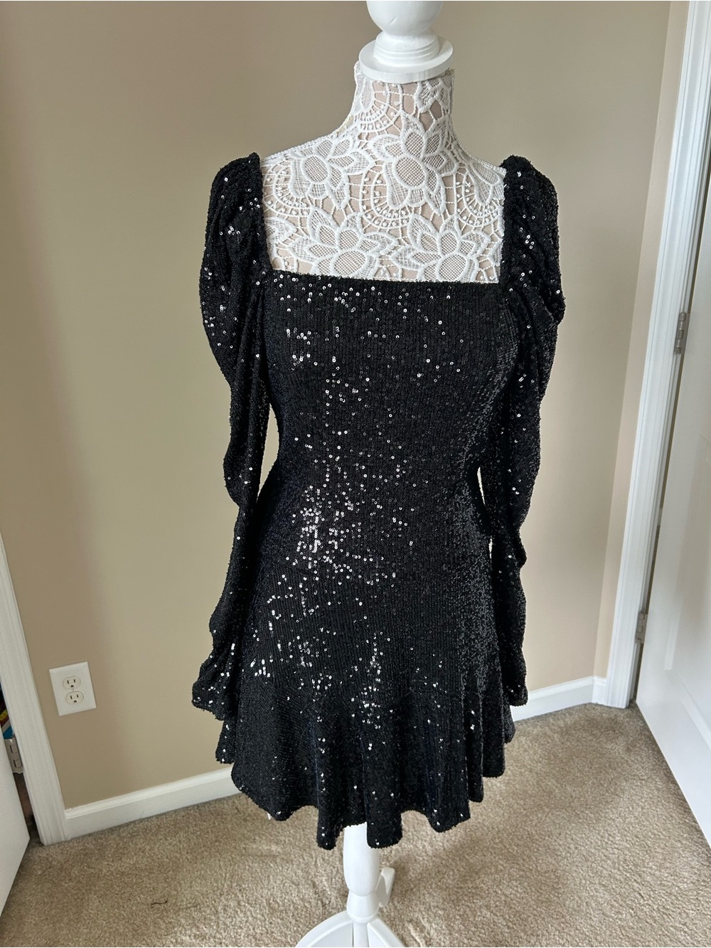 Black Sequin Long-Sleeve Square-Neck Dr